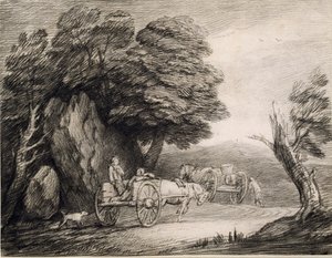 Paysage boisé avec charrettes et figures
